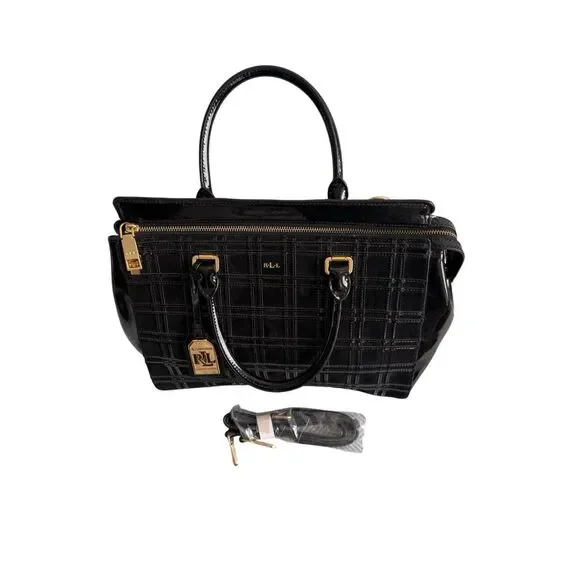 Lauren Ralph Lauren Womens Black Patent Leather Crossbody Satchel Bag Large - Picture 2 of 14